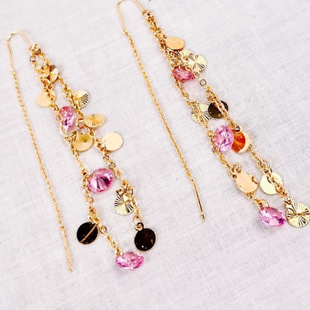 💗 14K Pink Swarovski & Textured Disk Dangle Chain Earrings 💗